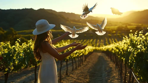 Woman Releasing Doves at Golden Hour