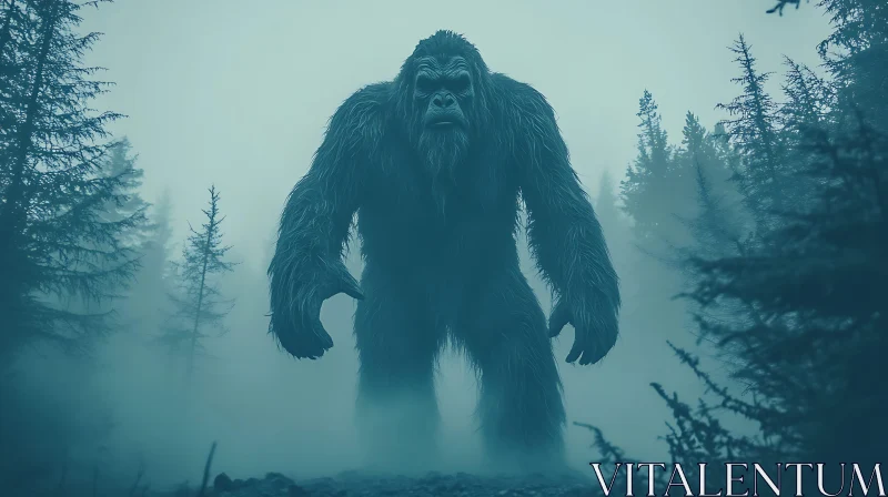 Ape-like Creature in Misty Woods AI Image