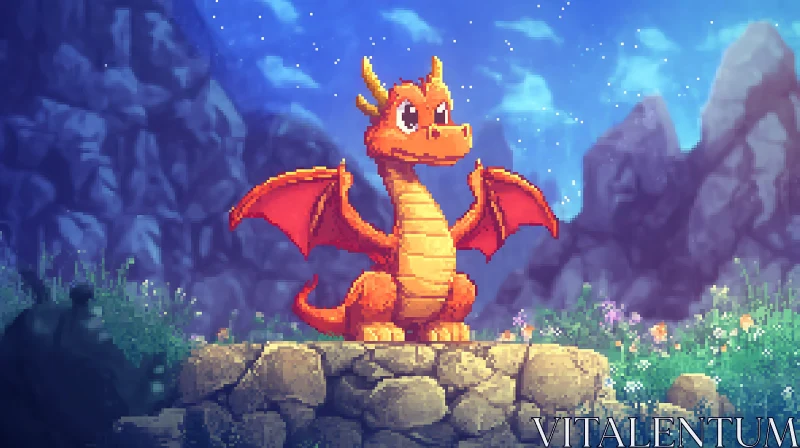 AI ART Orange Pixel Dragon on Stone Wall