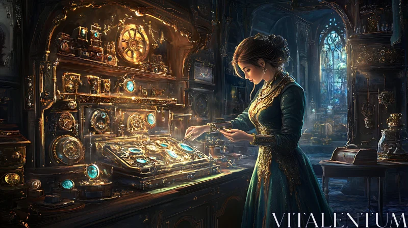 AI ART Woman with Steampunk Device