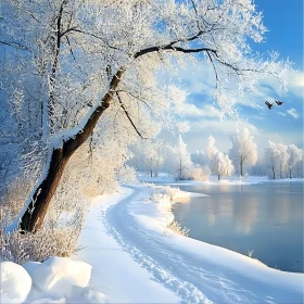 Tranquil Snow-Covered Path Along a Frosty River