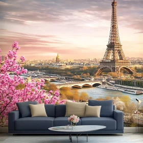 Parisian Interior Decor with Eiffel Tower and Cherry Blossoms