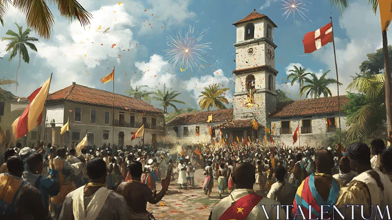 Town Square Celebration with Fireworks AI Image