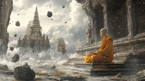 Monk in Meditation at Ancient Temple