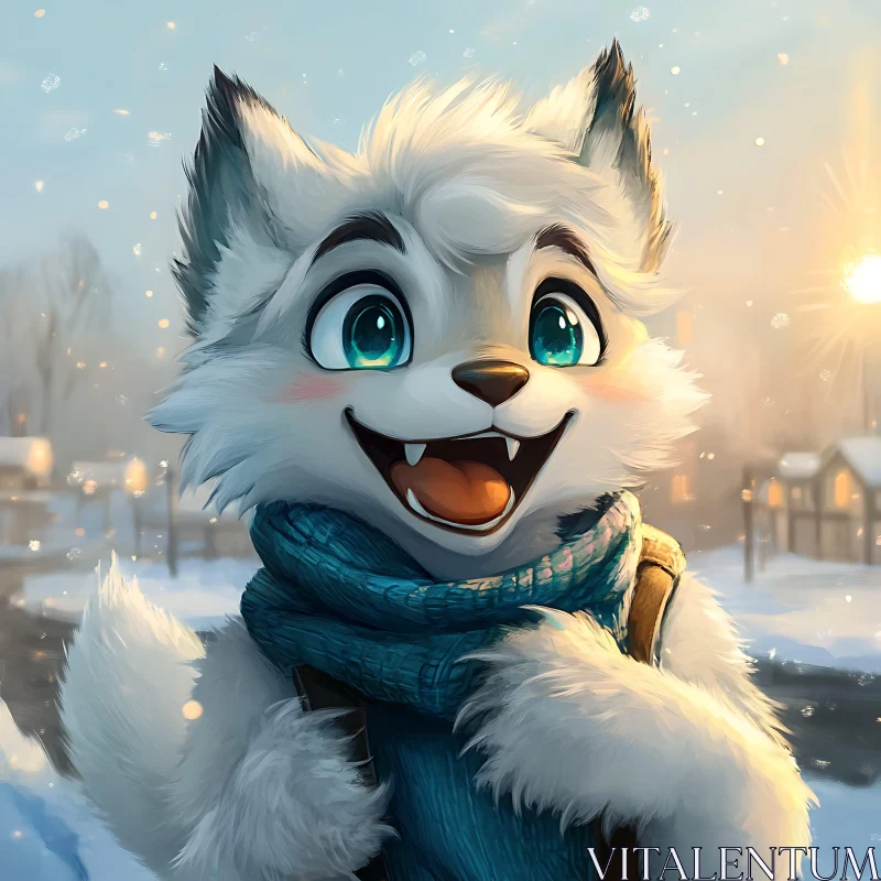 Cartoon Wolf in Snowy Landscape AI Image