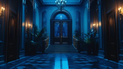 Ornate Interior Hallway with Rich Decor and Blue Illumination