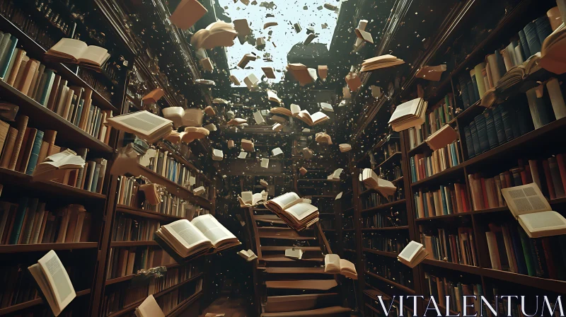 Whimsical Library Scene with Flying Books AI Image