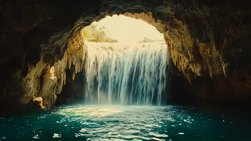 Sunlit Waterfall Cascading Into a Turquoise Pool