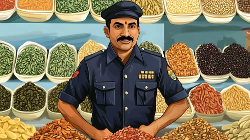 Illustrated Spice Seller with Traditional Spices