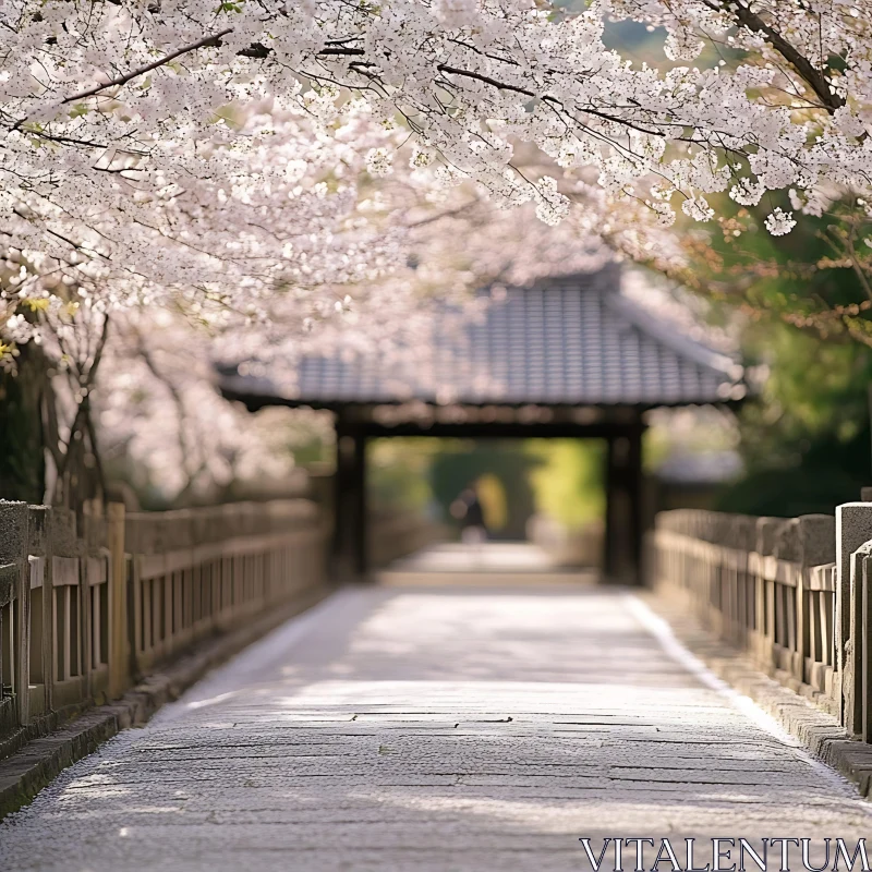 Blissful Pathway Under Blooming Cherry Blossoms AI Image