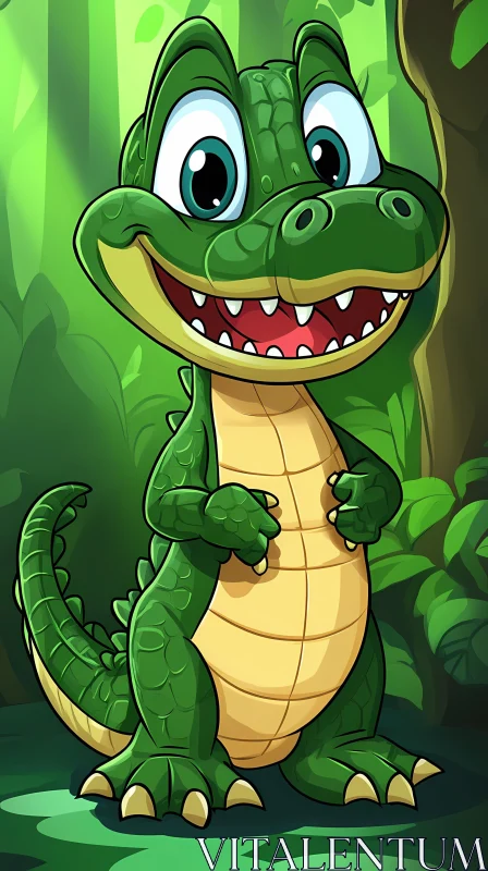 Cute Cartoon Alligator in Jungle AI Image