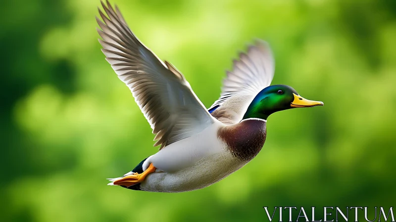 Duck Flying Over Green Background AI Image