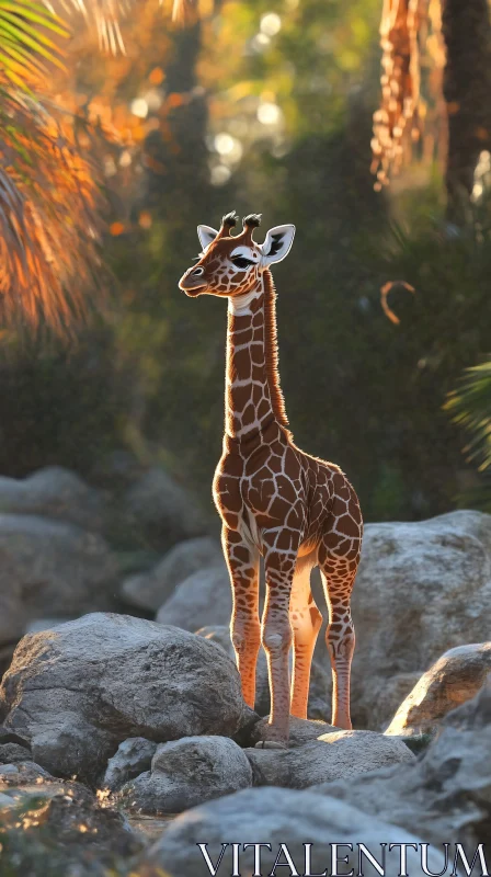 Giraffe Amongst Rocks in Sunlight AI Image