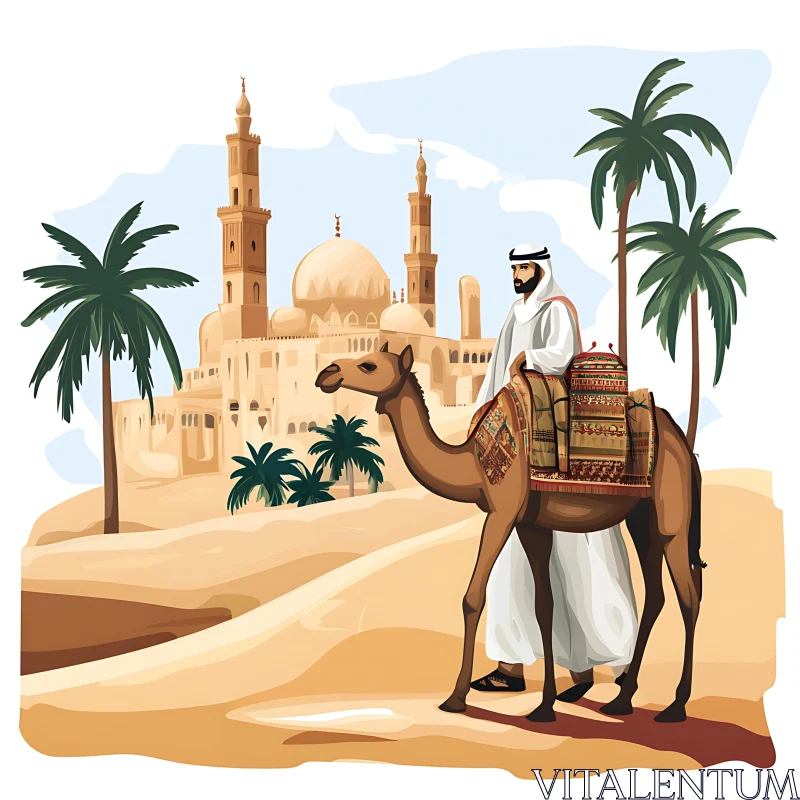 Arabian Desert Camel Ride Illustration AI Image