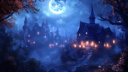 Moonlit Castle in Misty Landscape