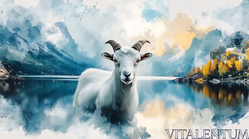 Goat in Tranquil Mountain Lake Scene AI Image