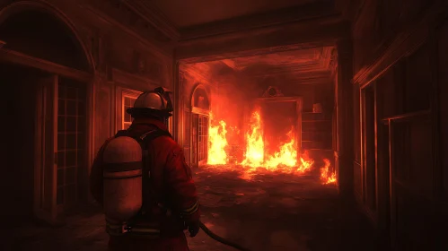 Brave Firefighter Confronting Building Fire