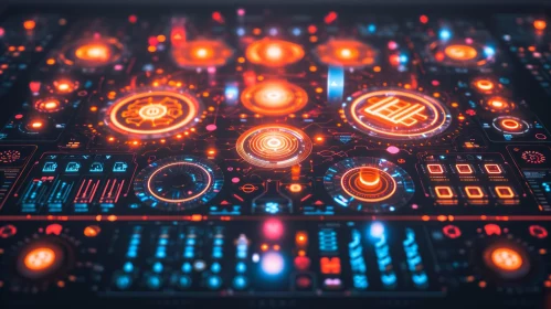 Abstract DJ Dashboard with Futuristic Cyberpunk Style and Chinese Iconography