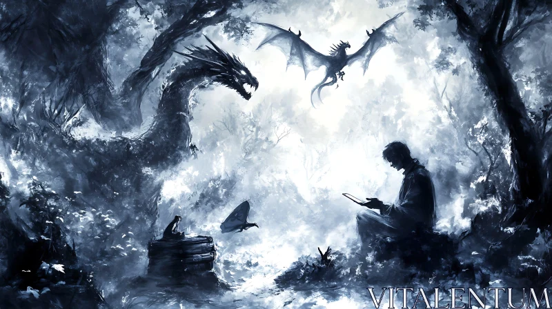 AI ART Fantasy Scene with Dragons and a Reader