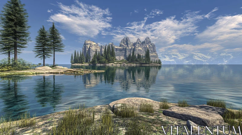 Tranquil Lake with Mountain Reflections and Evergreen Forest AI Image