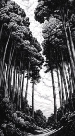 Intricate Forest Pathway in Monochrome