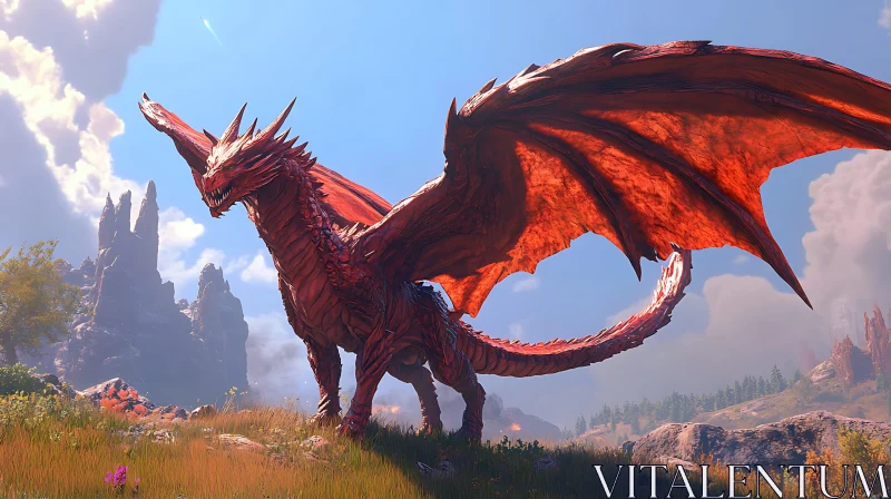 Crimson Dragon Overlook Fantasy Scene AI Image