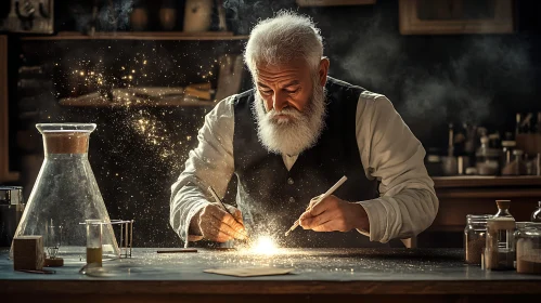 Old Scientist Experimenting with Alchemy