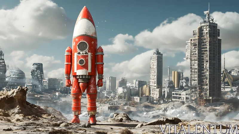 Futuristic Robot in Ruined Cityscape AI Image