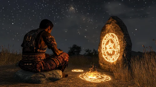 Man Meditating Near Glowing Stone