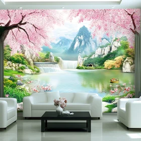 Picturesque Nature Mural with Waterfall and Cherry Blossoms