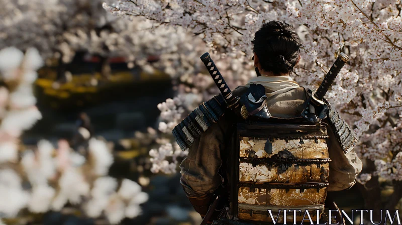 Samurai in a Cherry Blossom Garden AI Image