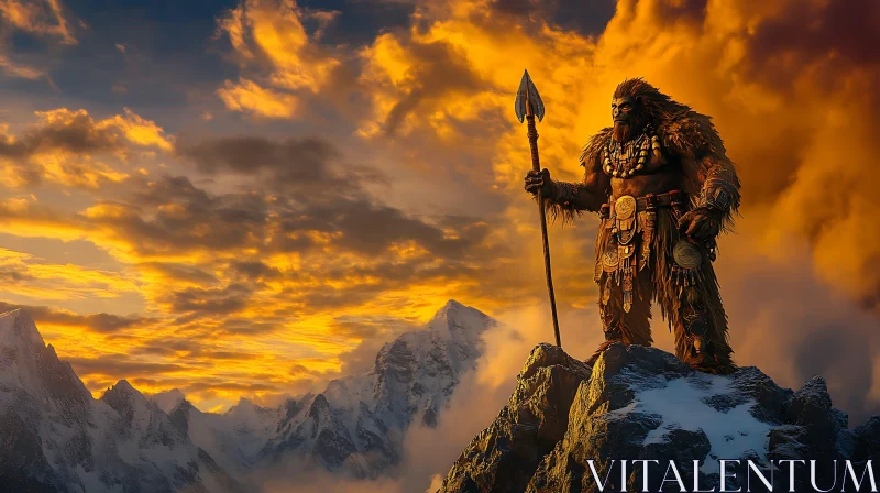 AI ART Mountain Warrior at Sunset