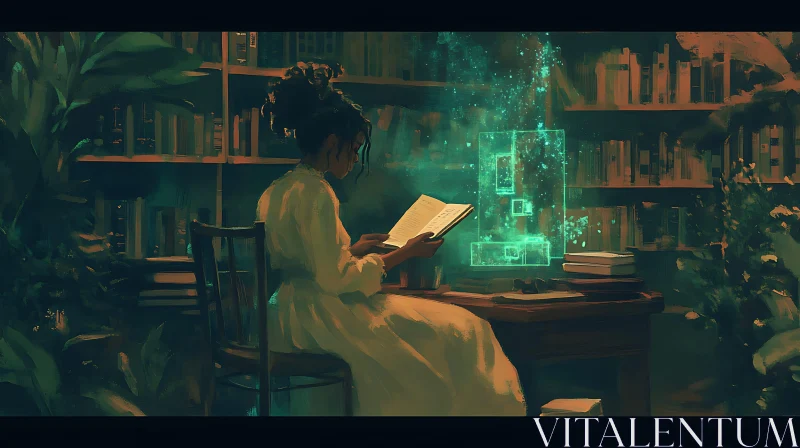 AI ART Woman Reading with Glowing Shapes