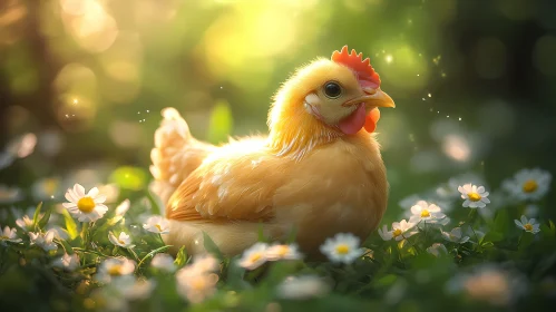 Serene Chicken in Sunlit Meadow