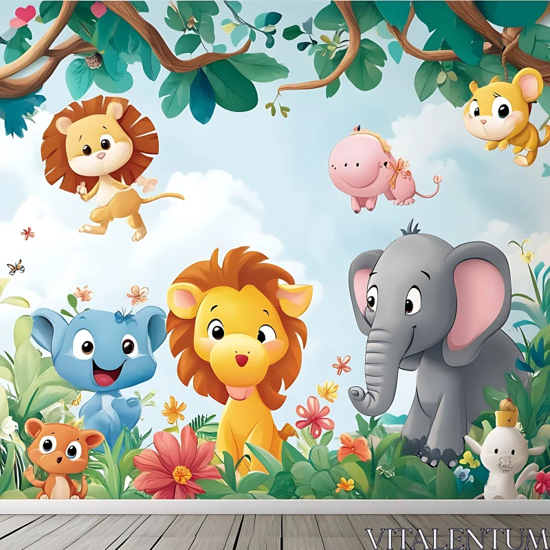 Cute Jungle Animal Characters in Cartoon Style AI Image