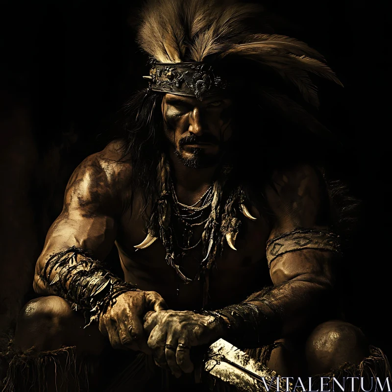 AI ART Tribal Warrior with Blade in Dark Setting