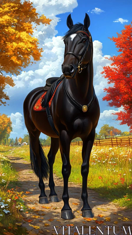 AI ART Black Horse on an Autumn Path