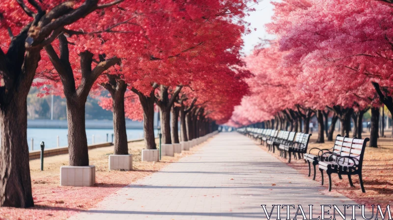 Red Maple Trees by Riverside Pathway: A Hallyu-Inspired Pastel Dream AI Image