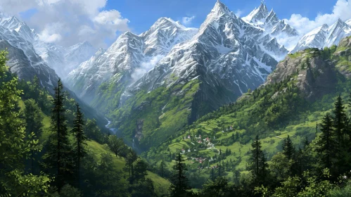 Serene Mountain Landscape with Snow-Covered Peaks and a Quaint Village