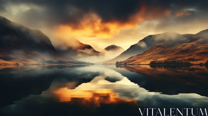 Serene Sunset Over Mountains Reflected in Calm Waters AI Image