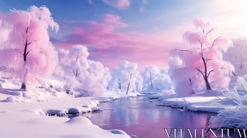 Snow Covered Landscape with Pink River - A Colorful Winter Fantasy AI Image