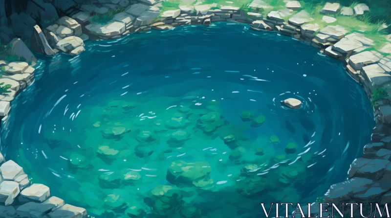 Soothing Landscapes: A Captivating Illustration of a Circular Pond in a Green Cave AI Image