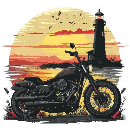 Sportster Motorcycle and Lighthouse at Sunset POD Design