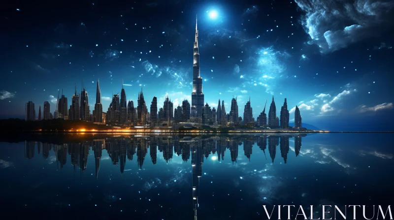 Starry Night Over Futuristic City: A Cosmic Landscape AI Image