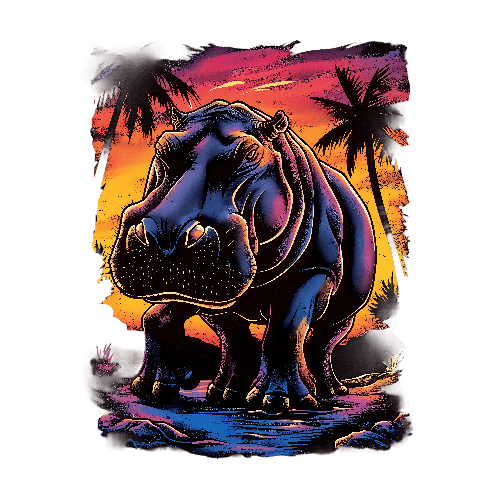 Stylized Hippopotamus T-Shirt Design with Sunset and Palm Trees