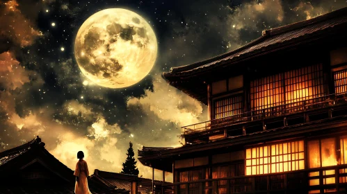 Japanese Architecture under the Moonlight