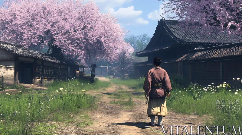 Woman Walking in Japanese Village with Cherry Blossoms AI Image