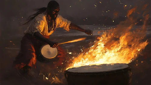 Man Playing Drums by Bonfire