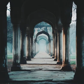 Misty Colonnade: A Symmetrical Architectural View