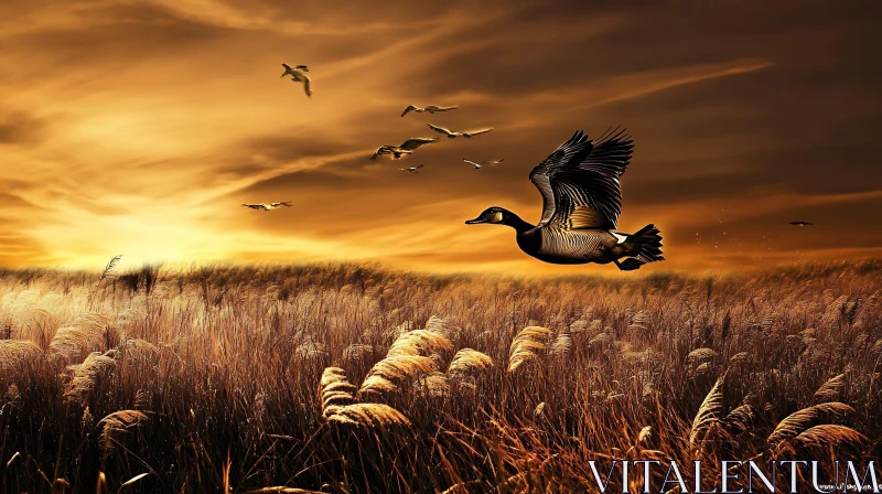 Birds Flying Over Field at Sunset AI Image